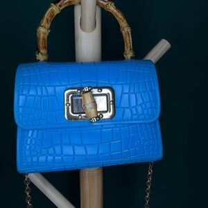 Blue Rubber Croc-Textured Bamboo Handle Shoulder Bag